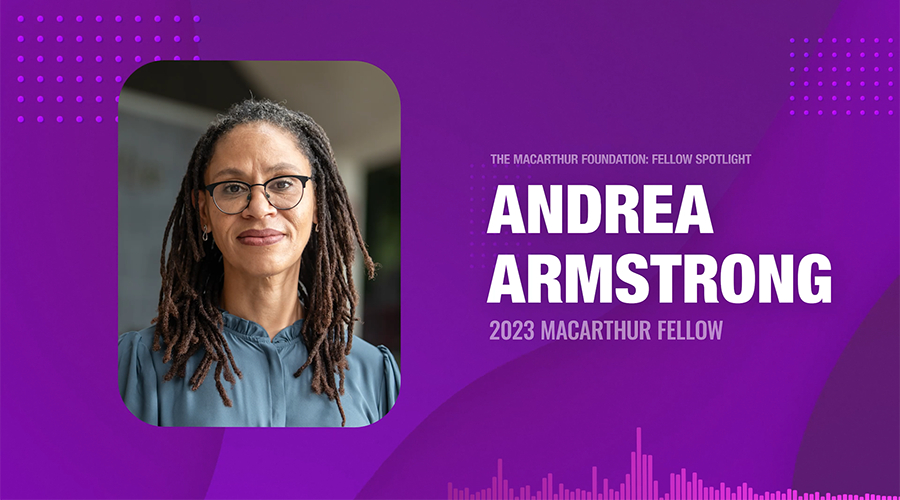Portrait of Andrea Armstrong, 2023 MacArthur Fellow, on a purple graphic background with her name and fellowship title.